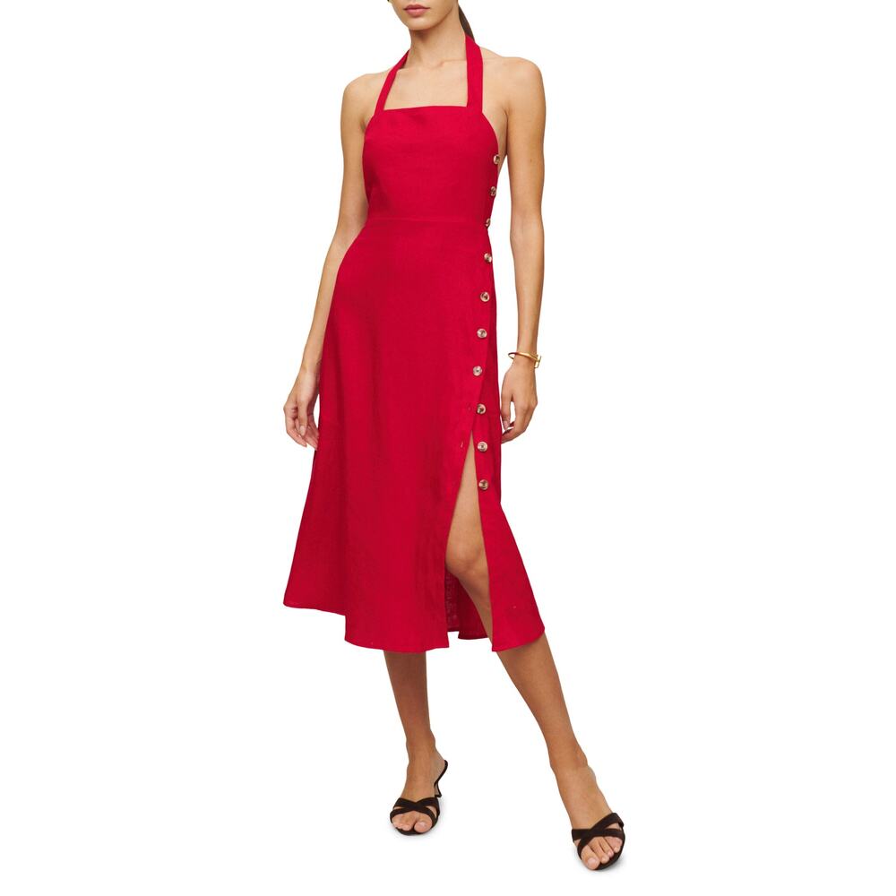 Reformation Red Halter Midi Dress with Side Button Detail